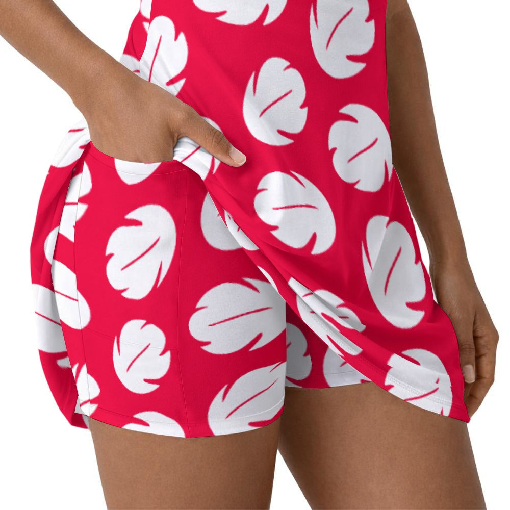 Island Leaf Print - Women’s Sleeveless Athletic Skater Dress with Built-In Shorts
