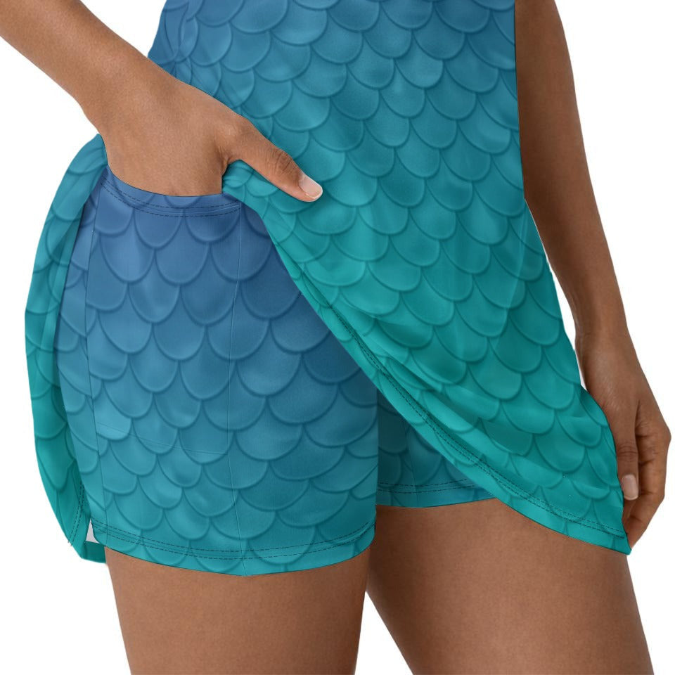 Dreamy Mermaid Scales - Women’s Short Sleeve Athletic Skater Dress with Built-In Shorts
