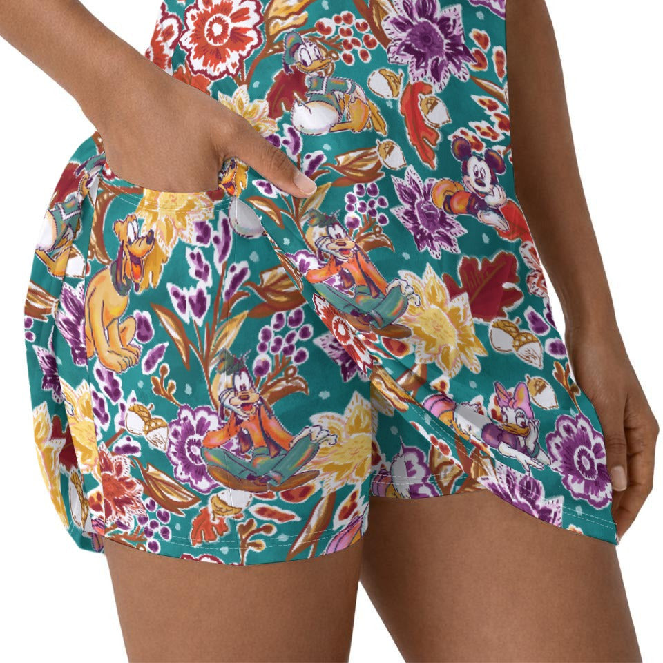 Mouse and Friends Fall Garden - Women’s Short Sleeve Athletic Skater Dress with Built-In Shorts