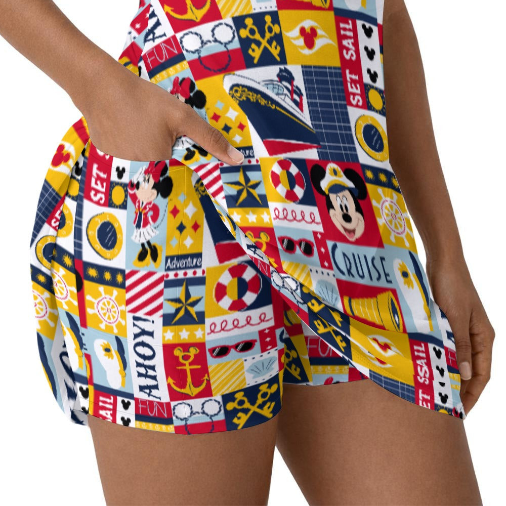 Nautical Cruise Patchwork - Women’s Sleeveless Athletic Skater Dress with Built-In Shorts