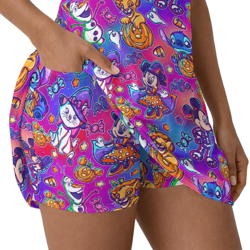 Classic Character Halloween Mashup - Women’s Short Sleeve Athletic Skater Dress with Built-In Shorts