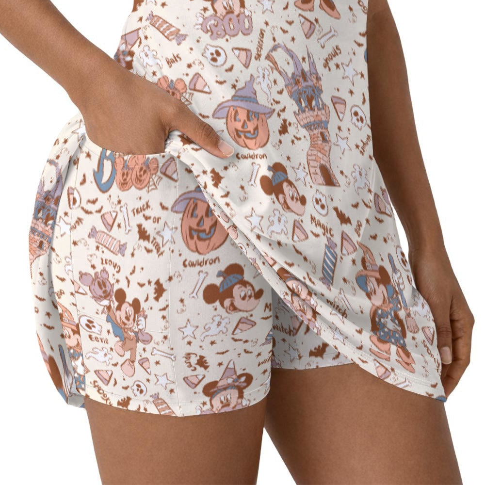 Vintage Halloween Doodles - Women’s Sleeveless Athletic Skater Dress with Built-In Shorts
