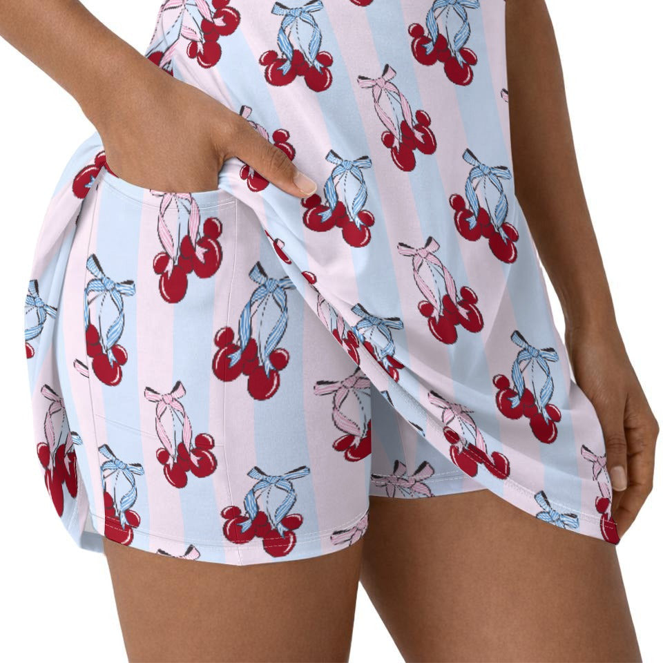 Cherry Ear Bows - Women’s Short Sleeve Athletic Skater Dress with Built-In Shorts