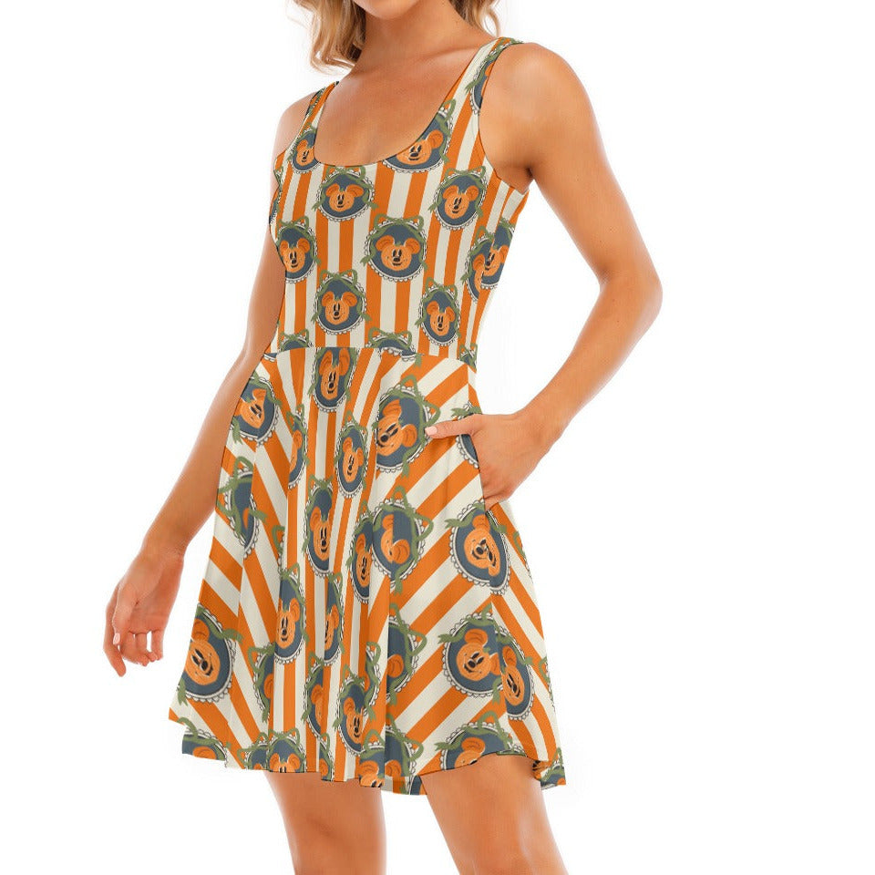 Pumpkin Cameo Stripes - Women's Sleeveless Pocket Skater Dress