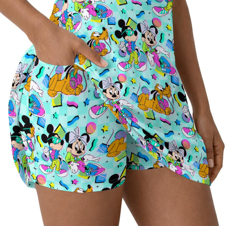 80s Pop Party Pals - Women’s Short Sleeve Athletic Skater Dress with Built-In Shorts