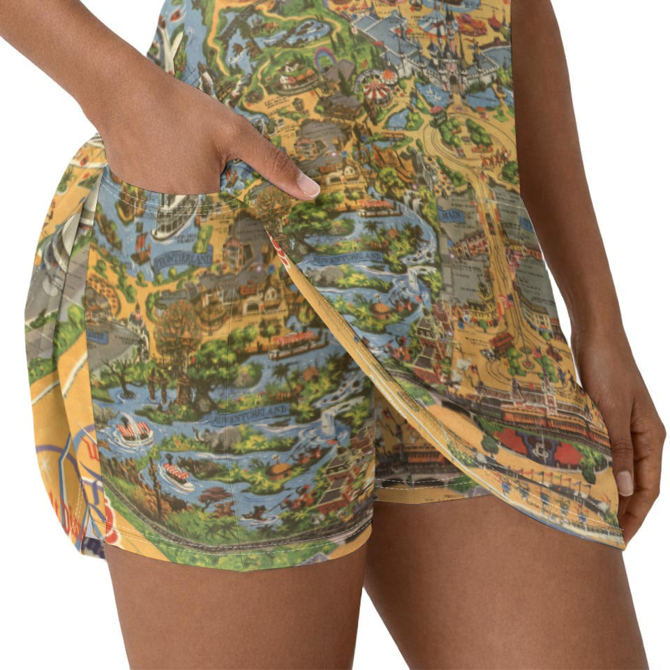 Vintage Theme Park Map - Women’s Short Sleeve Athletic Skater Dress with Built-In Shorts