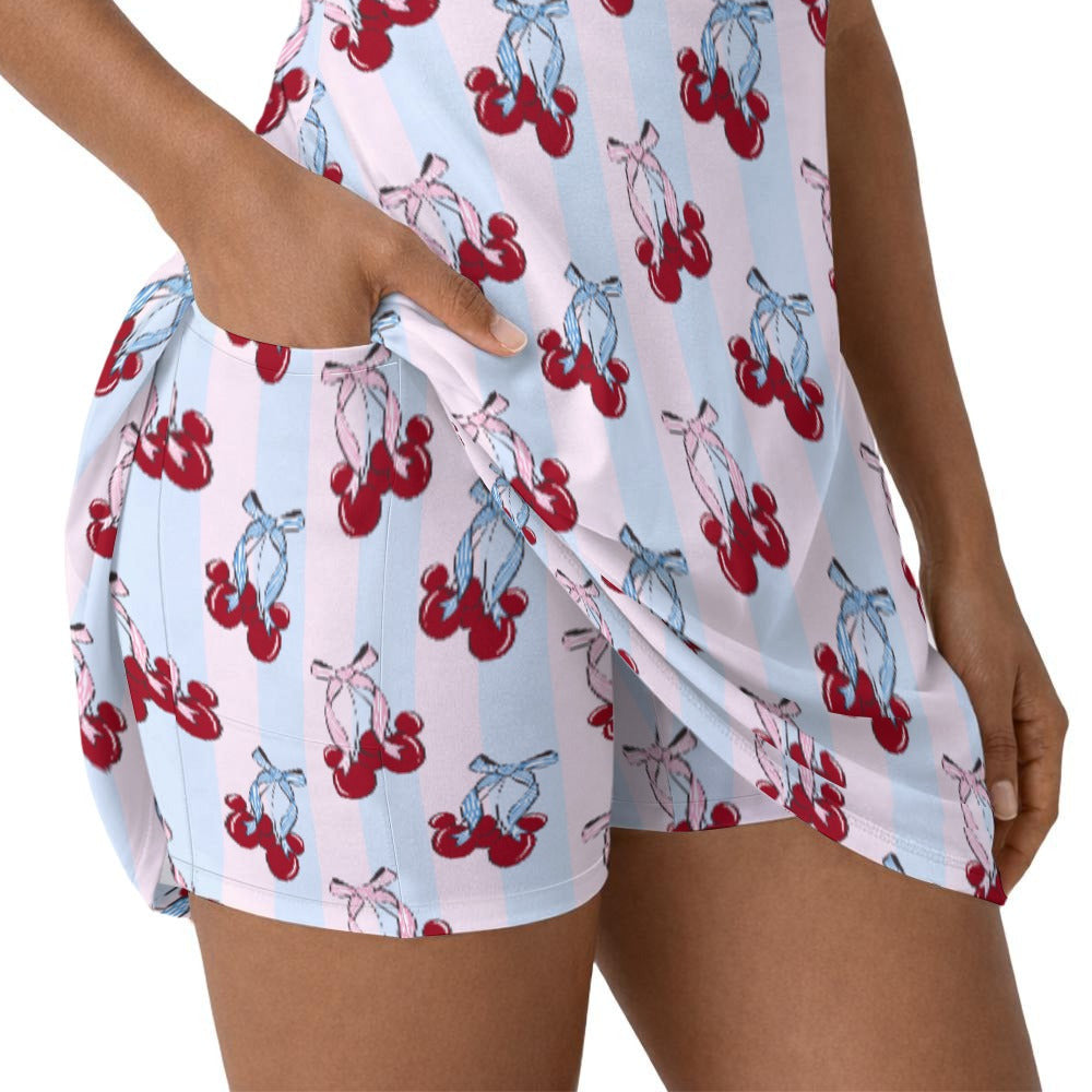 Cherry Ear Bows - Women’s Sleeveless Athletic Skater Dress with Built-In Shorts
