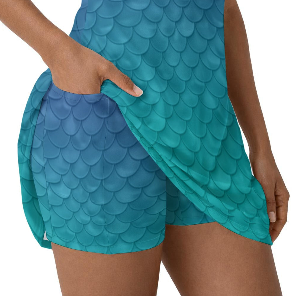 Dreamy Mermaid Scales - Women’s Sleeveless Athletic Skater Dress with Built-In Shorts
