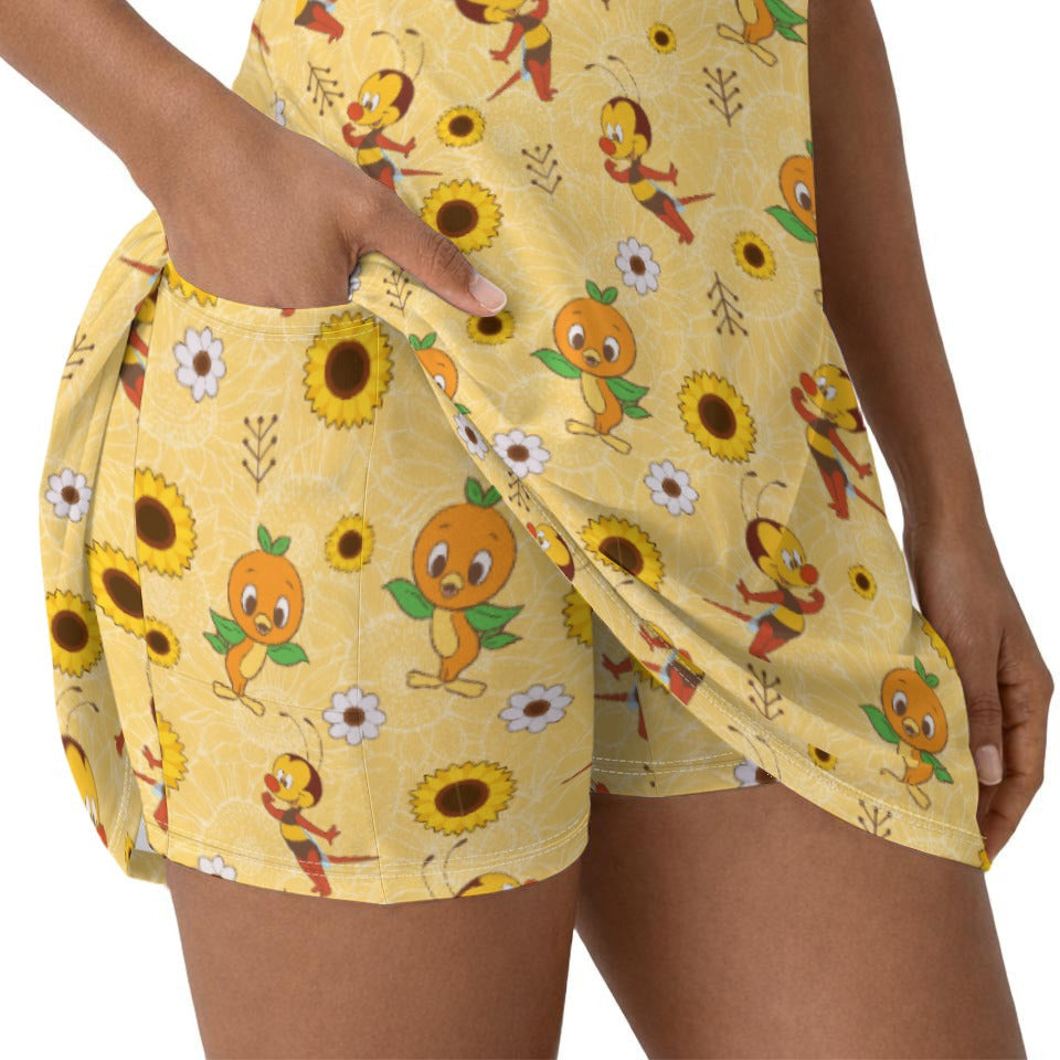 Cheerful Bee & Citrus Bird - Women’s Short Sleeve Athletic Skater Dress with Built-In Shorts