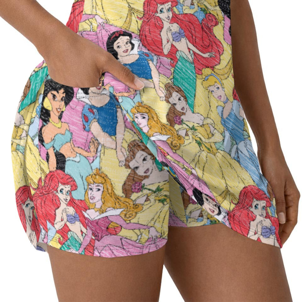 Royal Princess Sketches - Women’s Short Sleeve Athletic Skater Dress with Built-In Shorts
