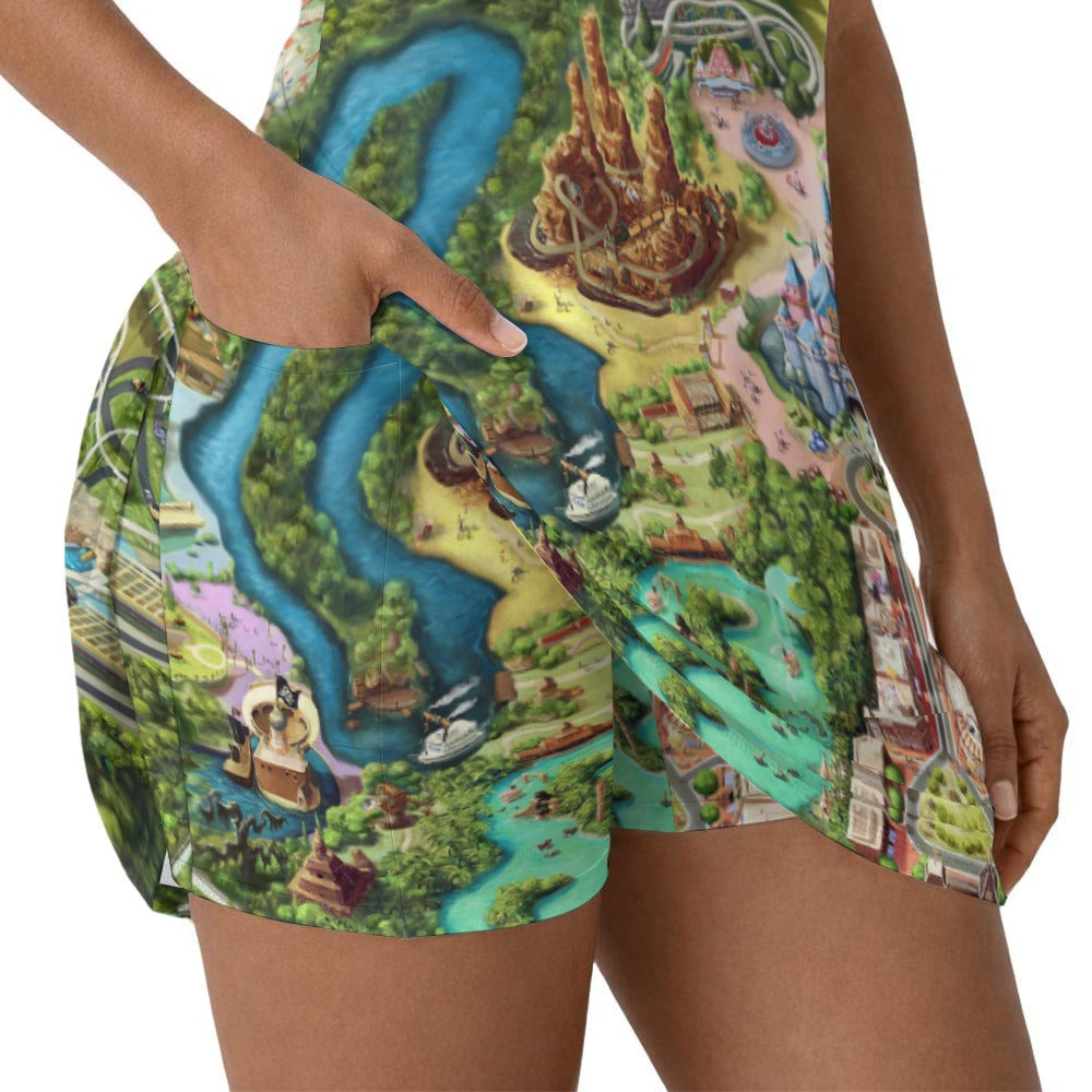 Colorful Theme Park Map - Women’s Sleeveless Athletic Skater Dress with Built-In Shorts
