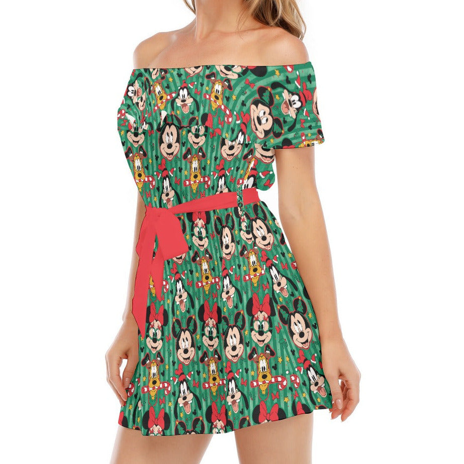 Mouse's Holly Jolly Parade - Women's Off-shoulder Ruffle Dress