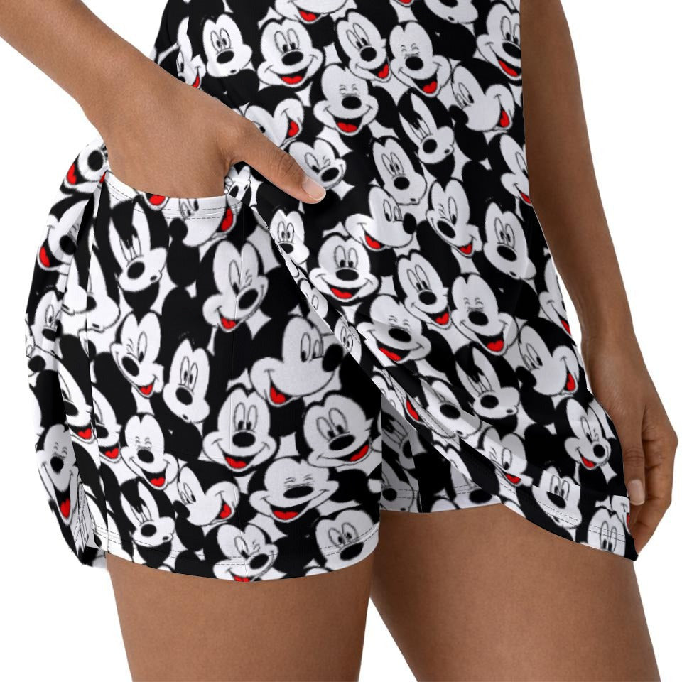 Many Faces of Classic Mouse - Women’s Short Sleeve Athletic Skater Dress with Built-In Shorts