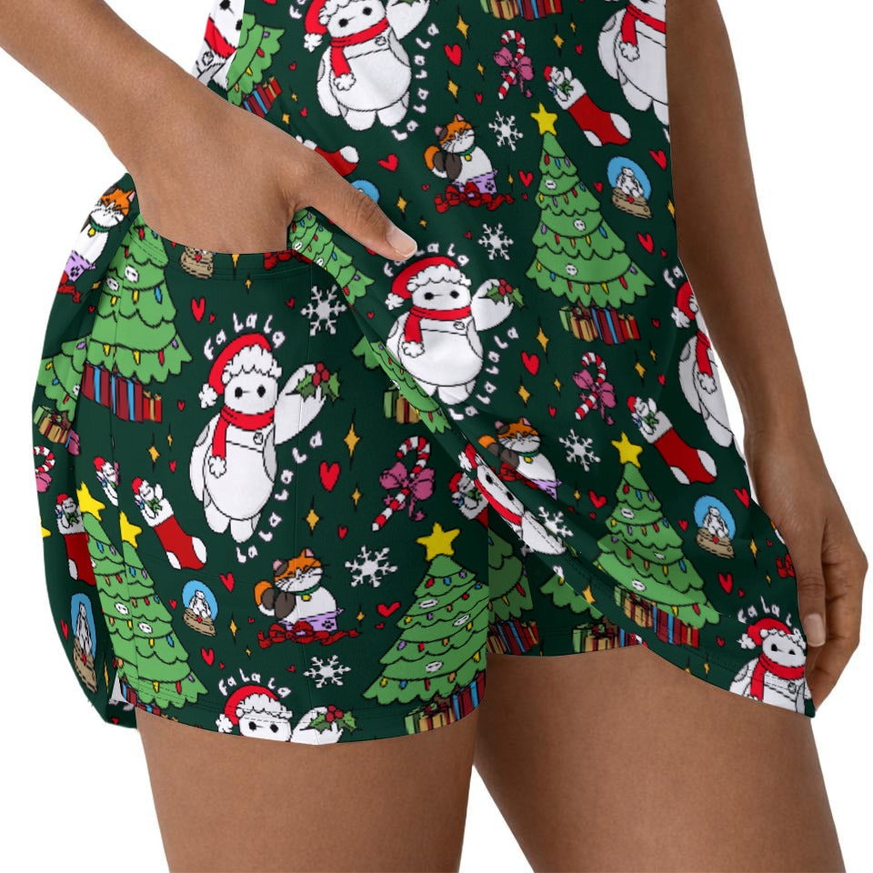 Robot Christmas Cheer - Women’s Short Sleeve Athletic Skater Dress with Built-In Shorts