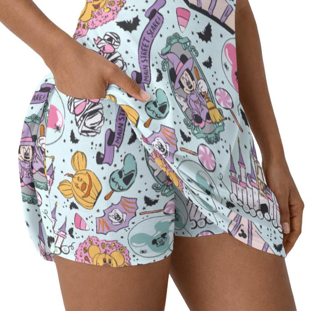 Pastel Spooky Party - Women’s Sleeveless Athletic Skater Dress with Built-In Shorts