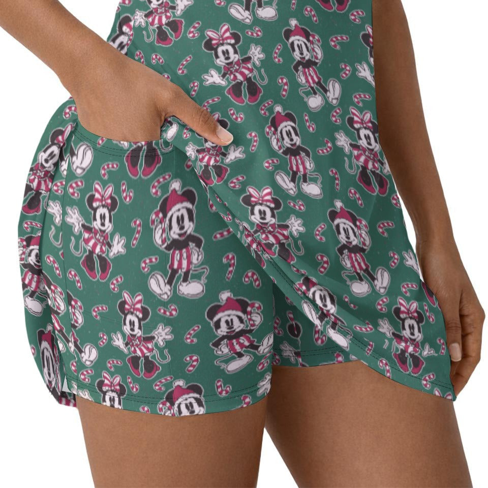 Mouse and Bow Peppermint Pals - Women’s Short Sleeve Athletic Skater Dress with Built-In Shorts