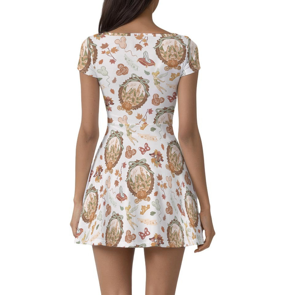 Fairy Fall Cameos - Women’s Short Sleeve Athletic Skater Dress with Built-In Shorts