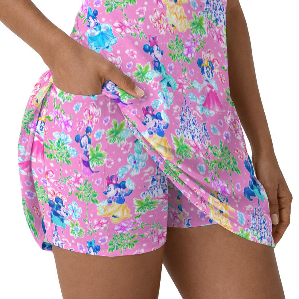Princess Palm Party - Women’s Sleeveless Athletic Skater Dress with Built-In Shorts