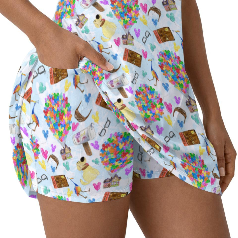 Up Adventure Icons - Women’s Short Sleeve Athletic Skater Dress with Built-In Shorts