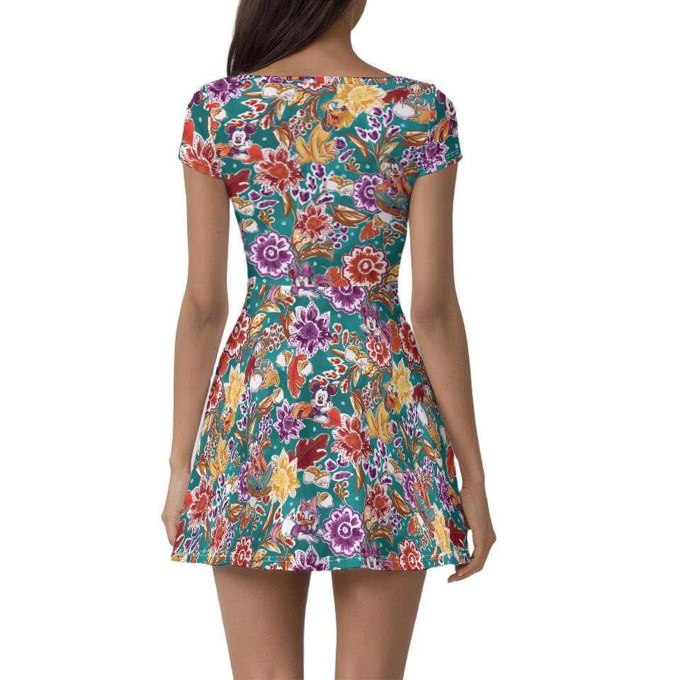 Mouse and Friends Fall Garden - Women’s Short Sleeve Athletic Skater Dress with Built-In Shorts