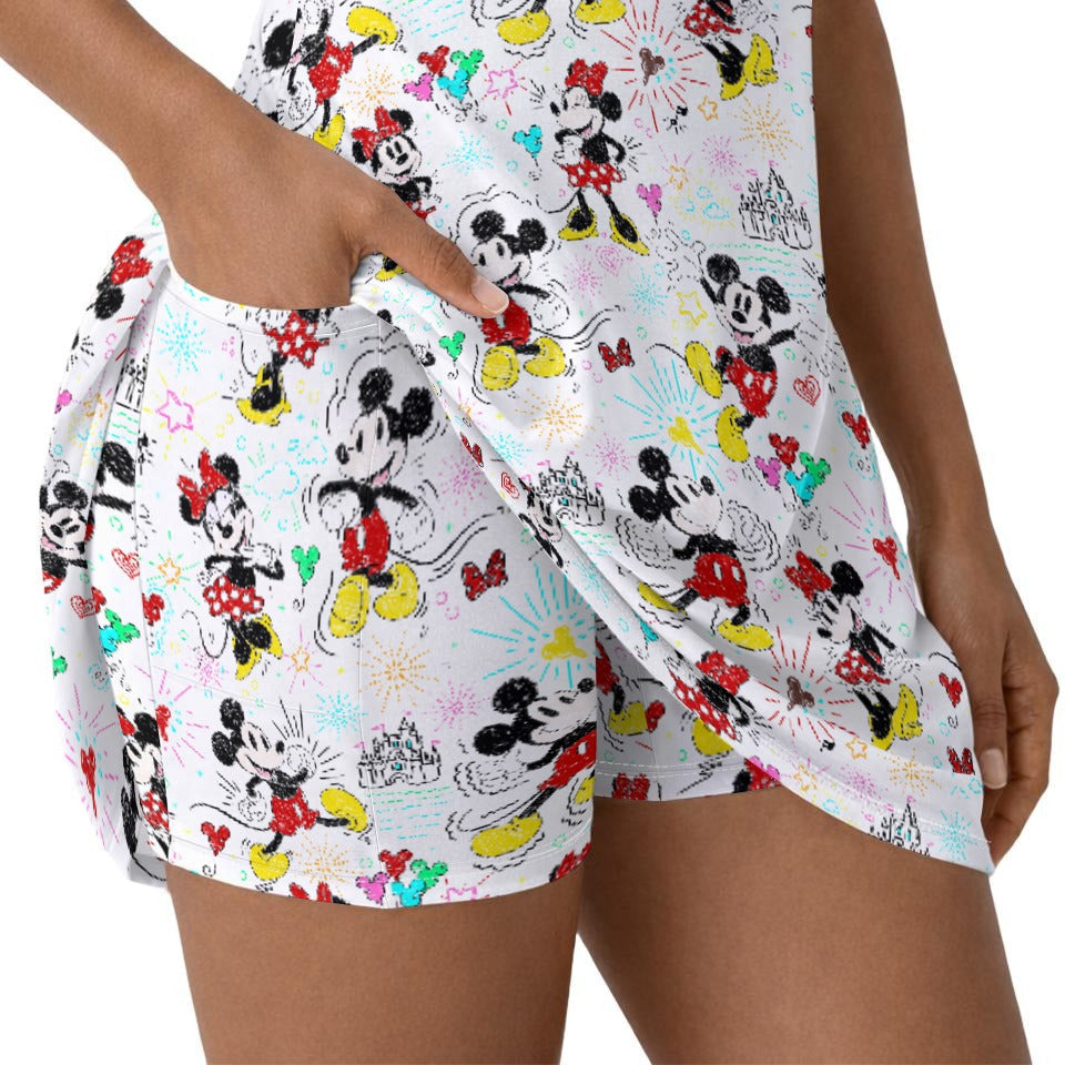 Doodle Mouse Magic - Women’s Short Sleeve Athletic Skater Dress with Built-In Shorts