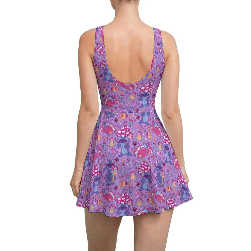 Blue Alien Mushroom Mischief - Women’s Sleeveless Athletic Skater Dress with Built-In Shorts