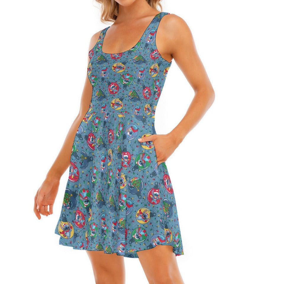 Holiday Baubles with Mischievous Blue Alien - Women's Sleeveless Pocket Skater Dress
