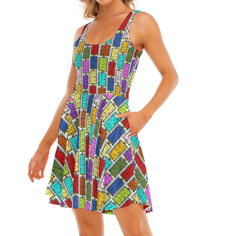 Sketchy Scare Doors - Women's Sleeveless Pocket Skater Dress