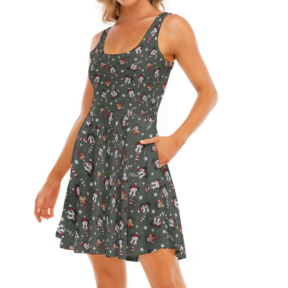 Vintage Holiday Friends - Women's Sleeveless Pocket Skater Dress