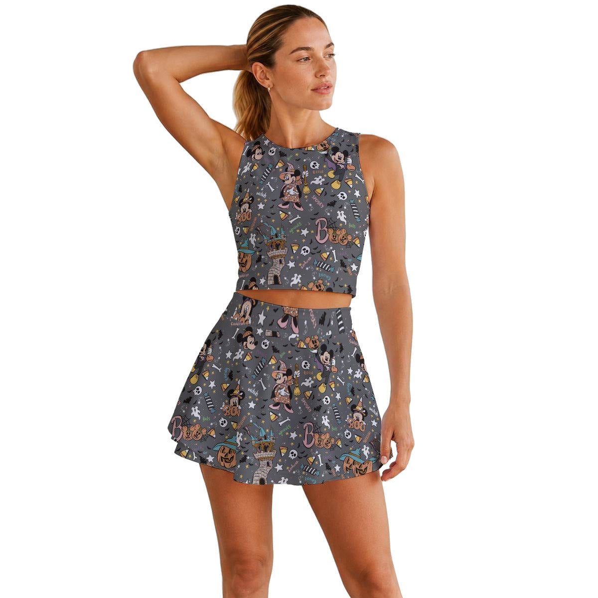 Spooky Spellbook Doodles - Women’s Athletic Skort Set with Open-Back Crop Top