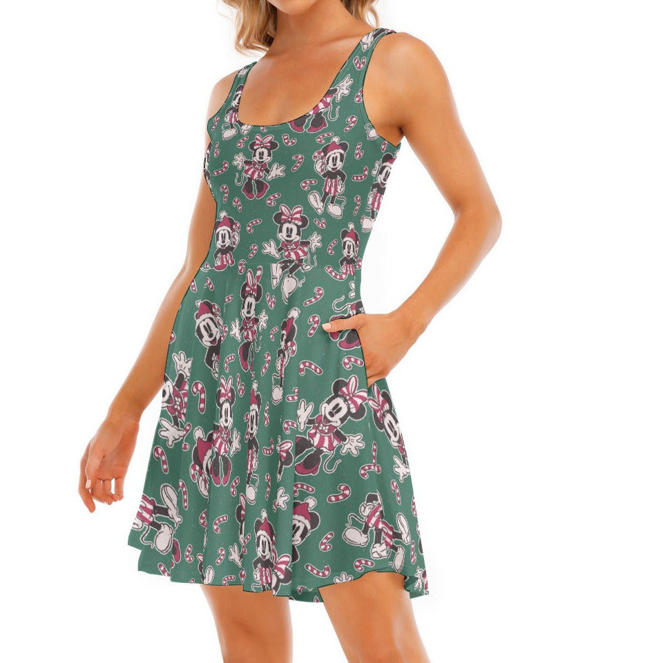 Mouse and Bow Peppermint Pals - Women's Sleeveless Pocket Skater Dress