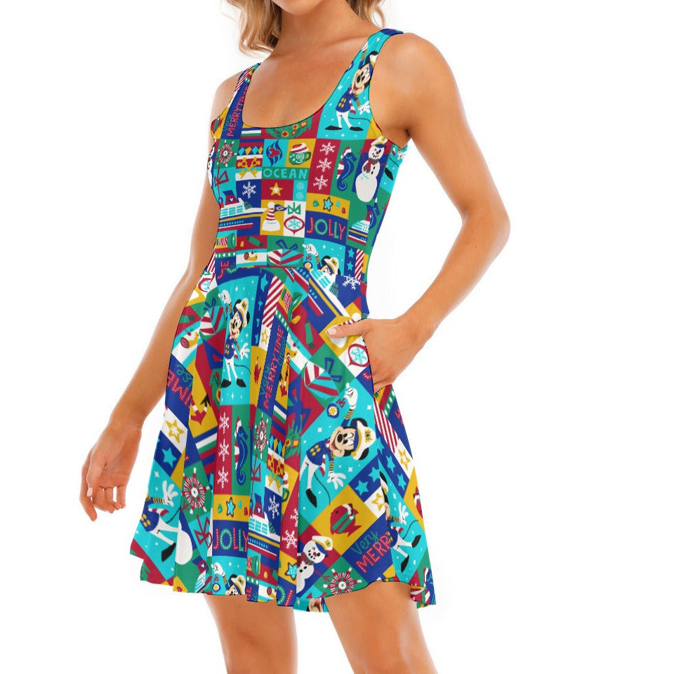 Sailor's Merry-at-Sea Patchwork - Women's Sleeveless Pocket Skater Dress