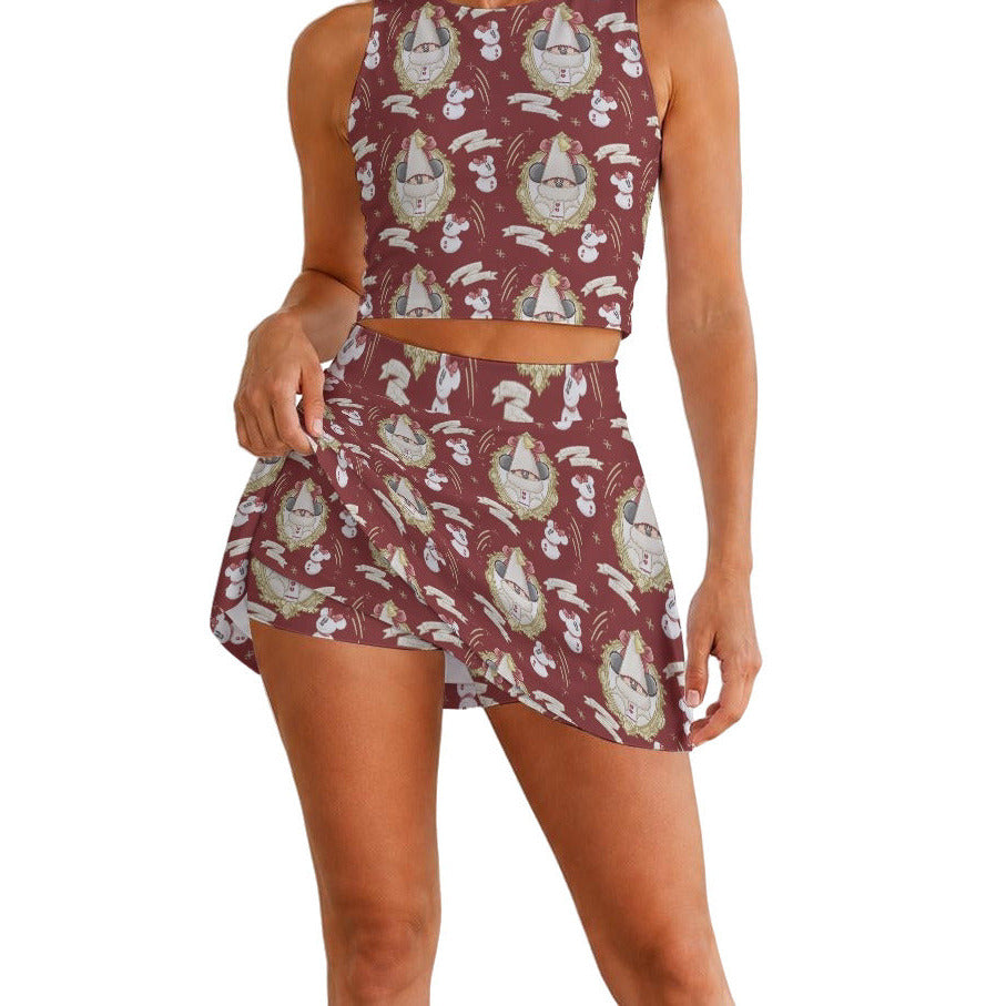 Mouse and Bow Snow Gnomes - Women’s Athletic Skort Set with Open-Back Crop Top