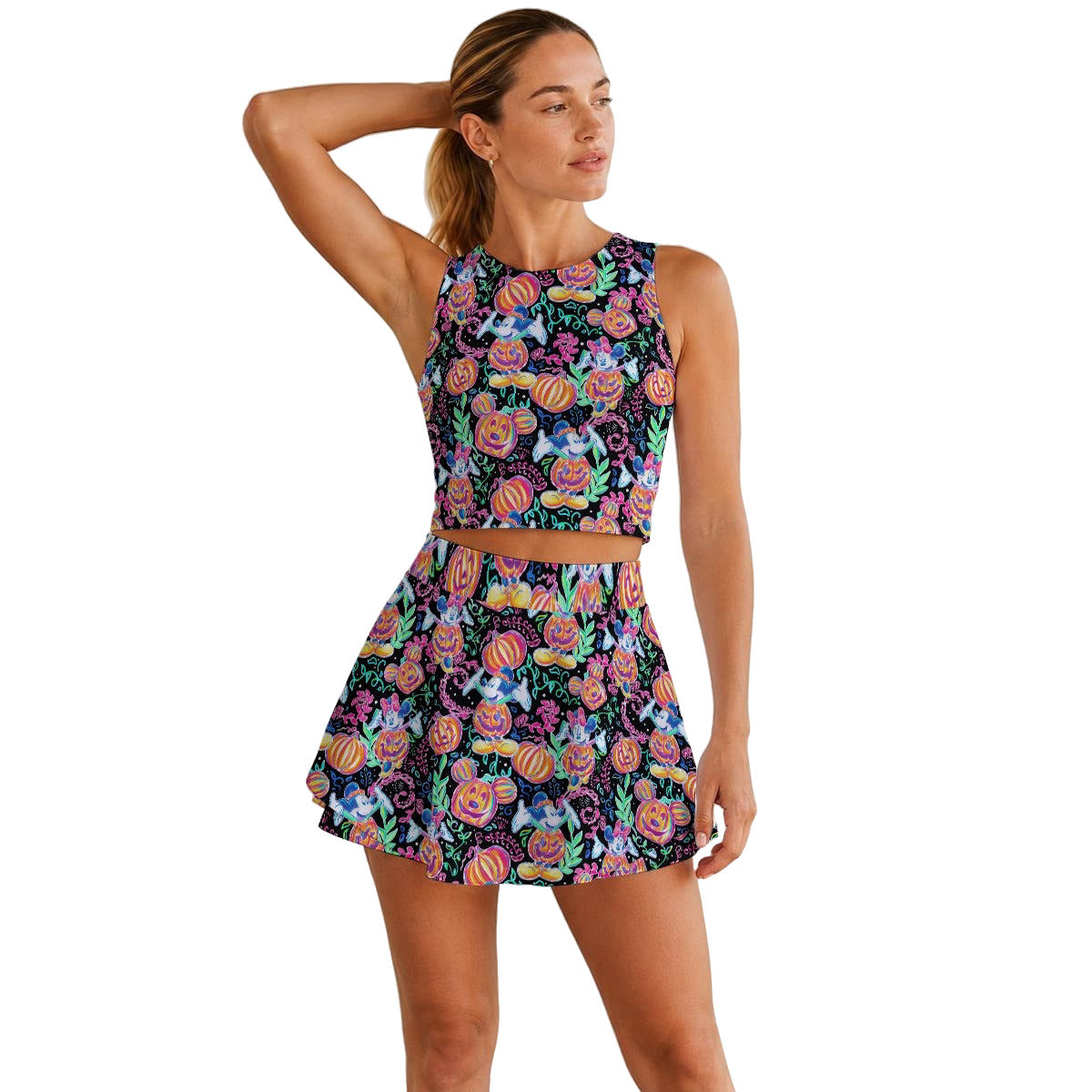 Mouse and Friends Pumpkin Parade - Women’s Athletic Skort Set with Open-Back Crop Top
