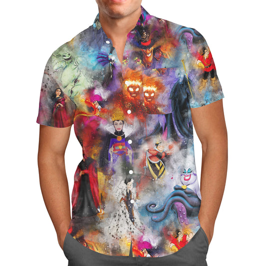 Men's Button Down Short Sleeve Shirt - Watercolor Villains - M -  READY TO SHIP