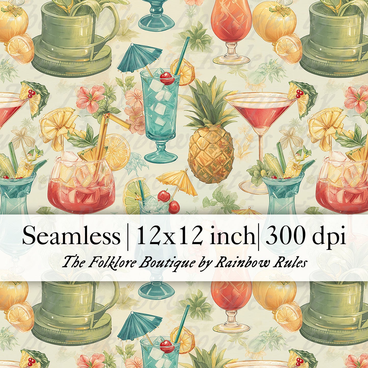 Tropical Cocktails and Summer Fruit Delight - Digital Seamless Pattern