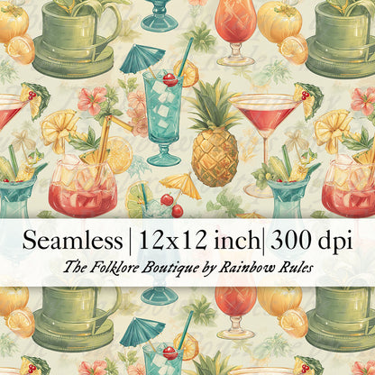 Tropical Cocktails and Summer Fruit Delight - Digital Seamless Pattern
