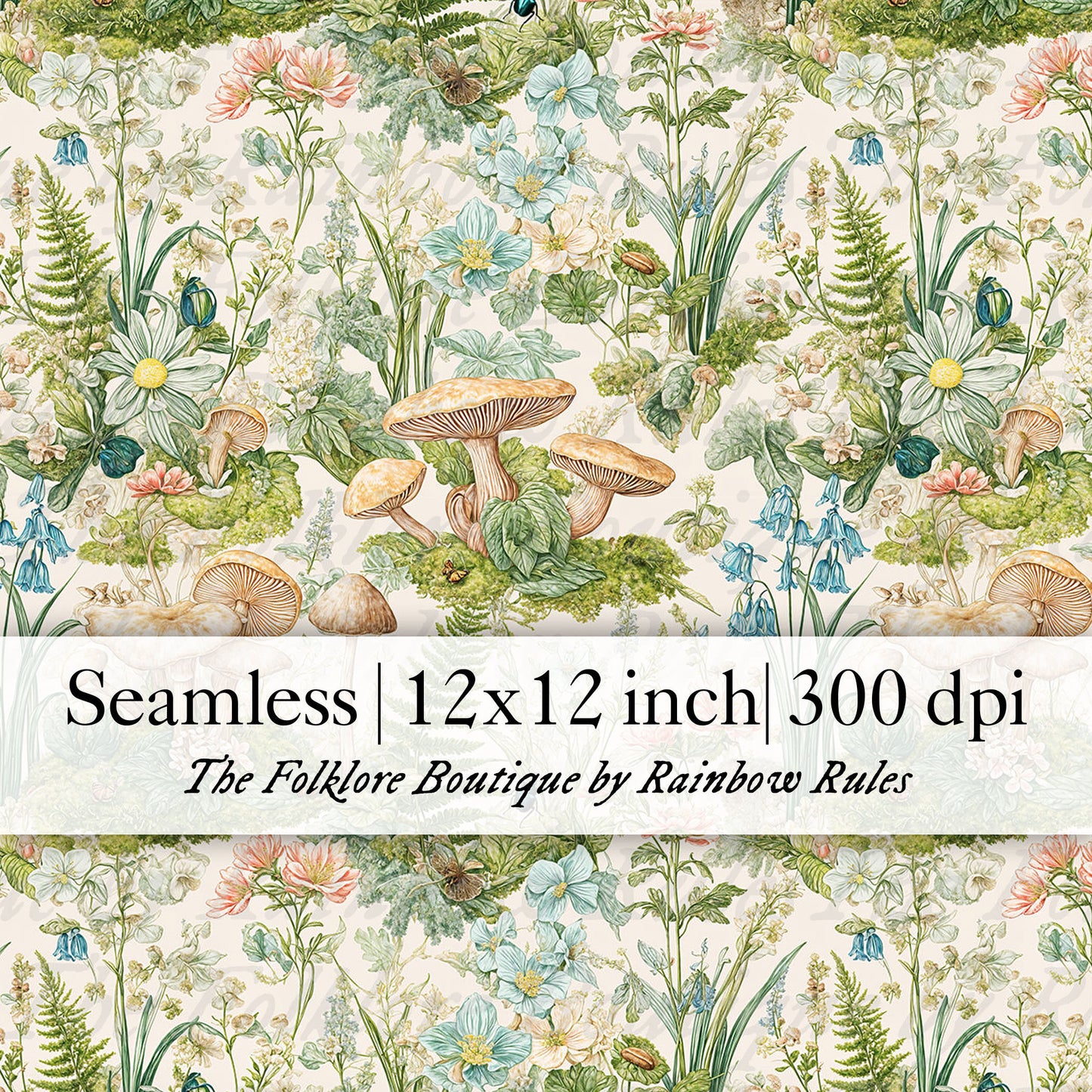 Vintage Woodland Flowers and Mushrooms - Digital Seamless Pattern
