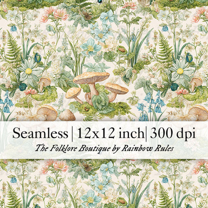 Vintage Woodland Flowers and Mushrooms - Digital Seamless Pattern