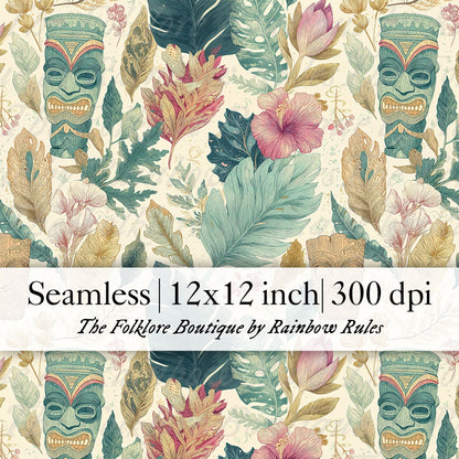 Tropical Leaves and Tiki Totems - Digital Seamless Pattern
