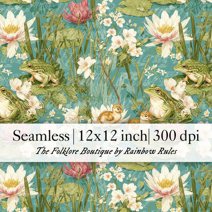Frogs, Ducklings, and Floral Pond - Digital Seamless Pattern