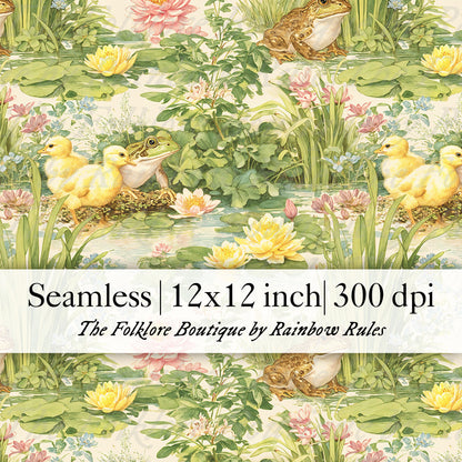 Lily Pond Ducklings and Frogs - Digital Seamless Pattern