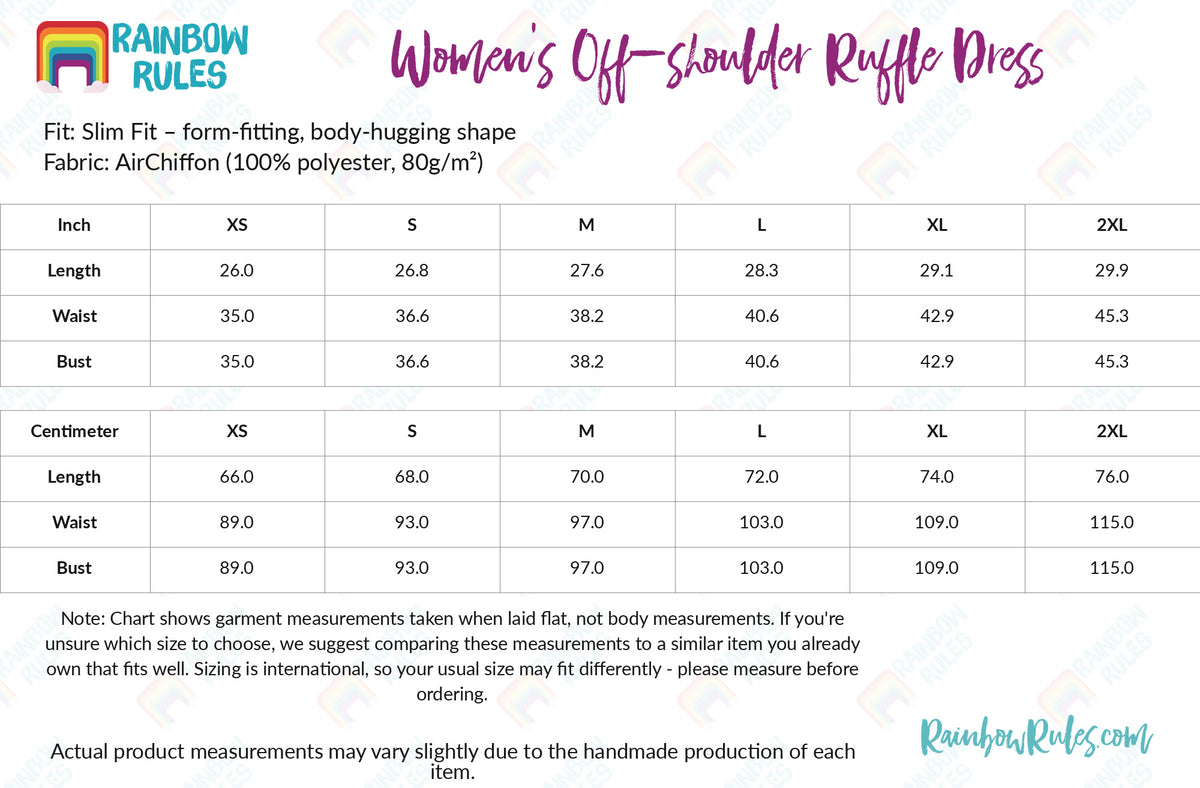 Women's Off-shoulder Ruffle Dress - Rainbow Rules Size Chart