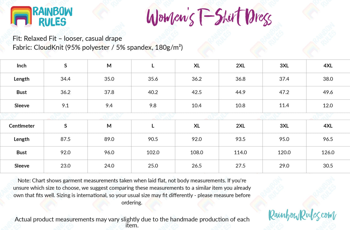 Women's T-Shirt Dress - Rainbow Rules Size Chart