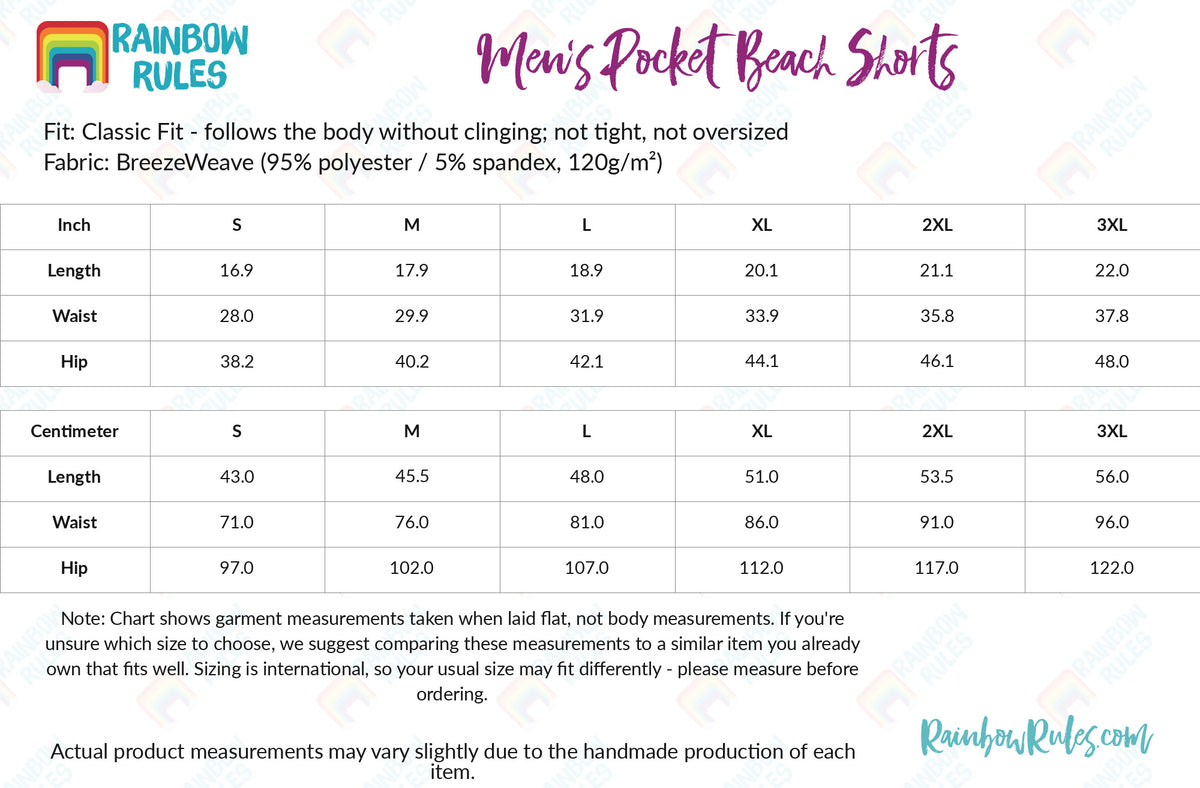 Men’s Pocket Beach Shorts - Rainbow Rules Size Chart