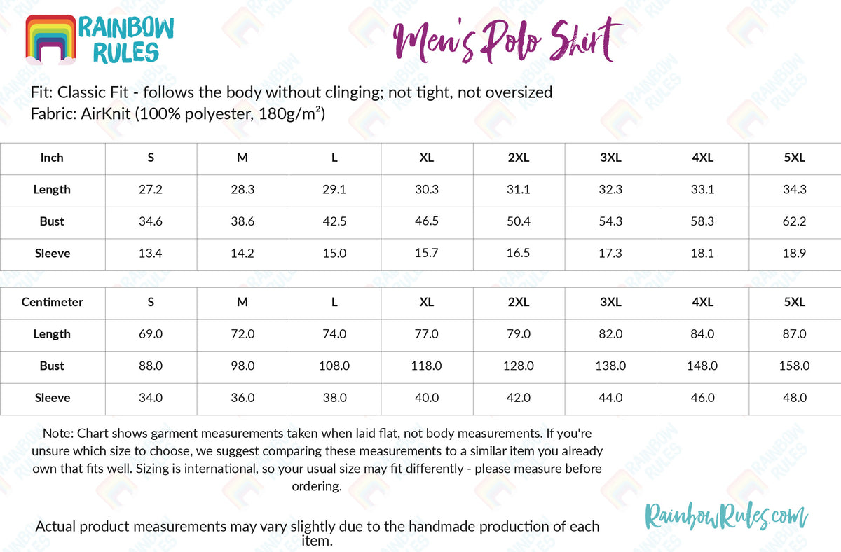 Men's Polo Shirt - Rainbow Rules Size Chart