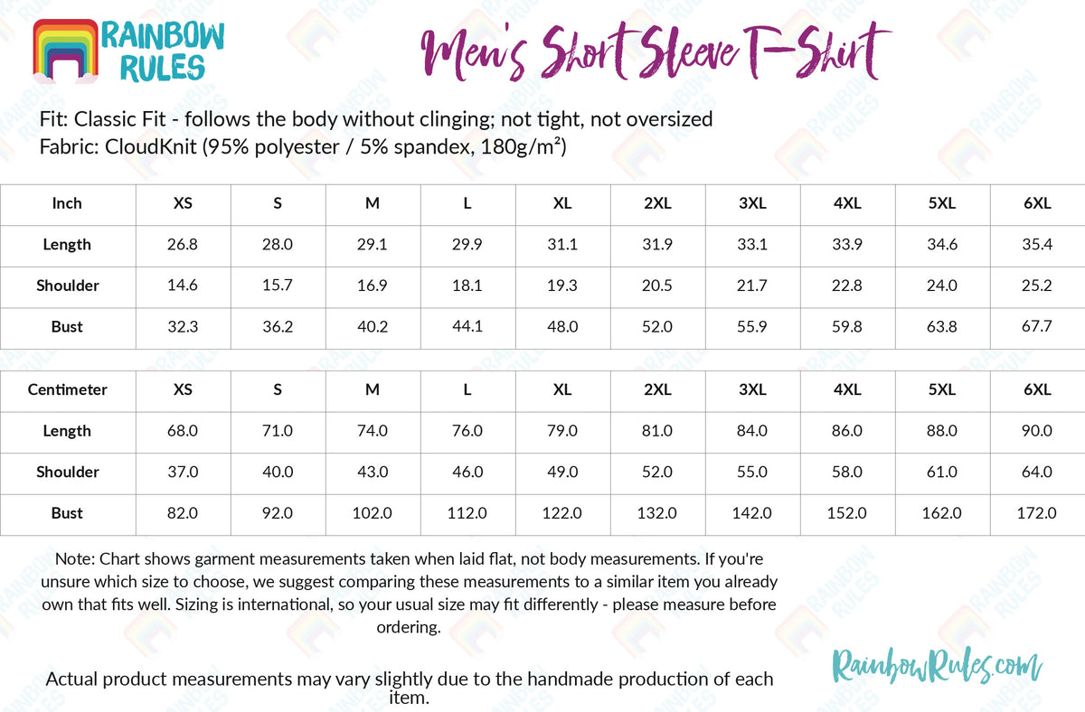 Men's Short Sleeve T-Shirt - Rainbow Rules Size Chart