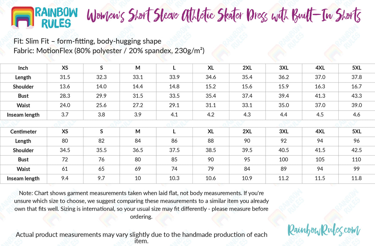 Women’s Short Sleeve Athletic Skater Dress with Built-In Shorts - Rainbow Rules Size Chart