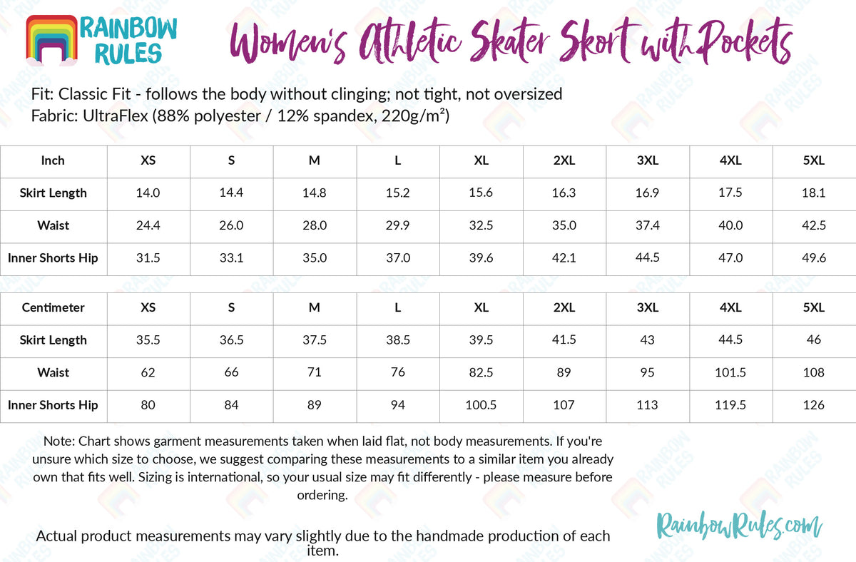Women’s Athletic Skater Skort with Pockets - Rainbow Rules Size Chart