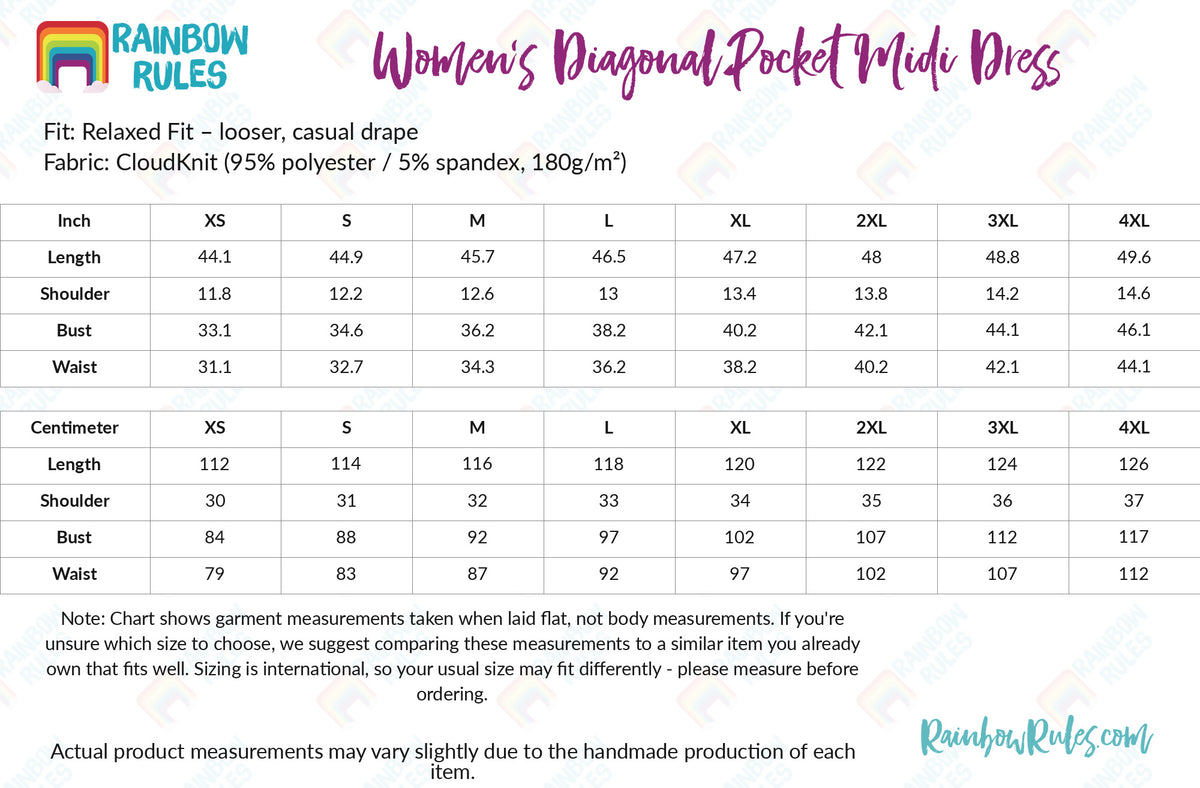 Women’s Diagonal Pocket Midi Dress - Rainbow Rules Size Chart